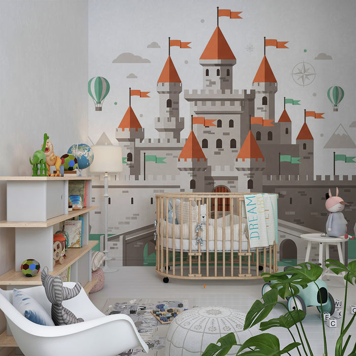 Papel de parede criança | Castelo mágico com bandeiras e balões coloridos