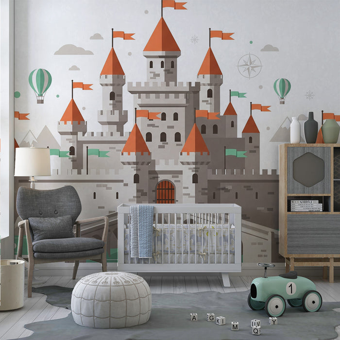 Papel de parede criança | Castelo mágico com bandeiras e balões coloridos
