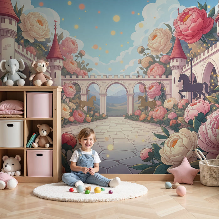 Papel de parede para quarto de criança | Castelo encantado com flores e cavalos
