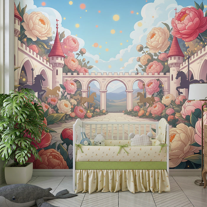 Papel de parede para quarto de criança | Castelo encantado com flores e cavalos