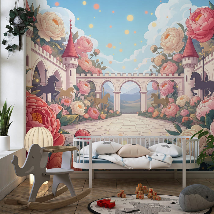 Papel de parede para quarto de criança | Castelo encantado com flores e cavalos