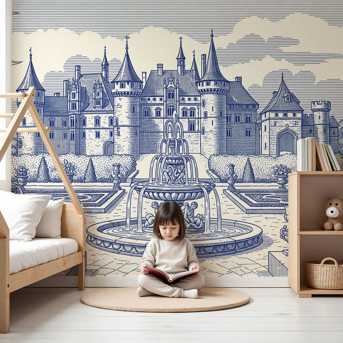 Carta da parati per camera bambini | Castello incantato con fontane e giardini rigogliosi