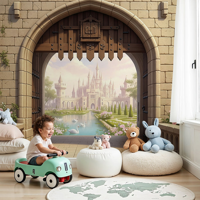 Kinderzimmer Tapete | Märchenschloss mit Garten und Schwänen