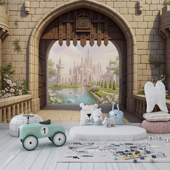 Kinderzimmer Tapete | Märchenschloss mit Garten und Schwänen