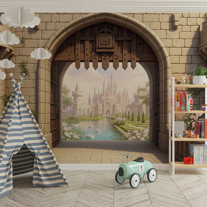 Kinderzimmer Tapete | Märchenschloss mit Garten und Schwänen