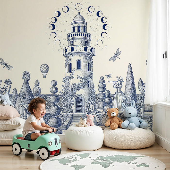 Papel de parede infantil | Castelo de conto de fadas com jardins encantadores e personagens fantásticos