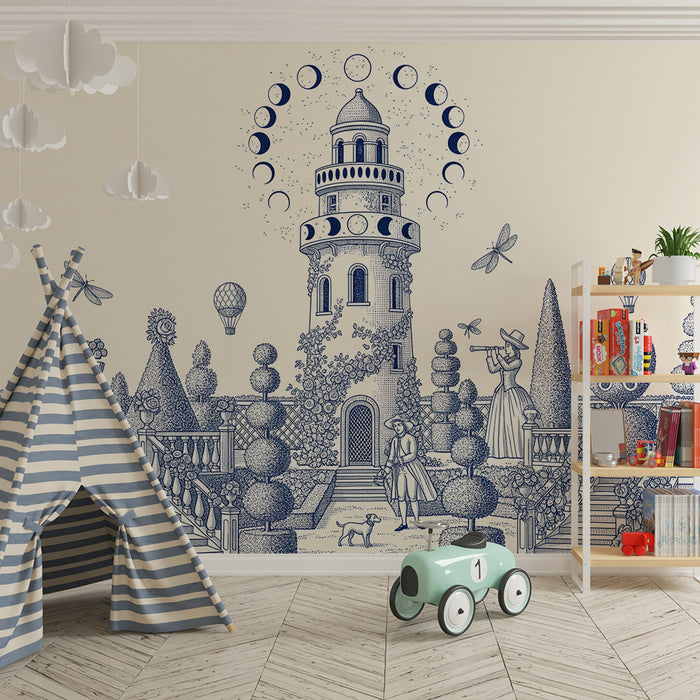 Papel de parede infantil | Castelo de conto de fadas com jardins encantadores e personagens fantásticos
