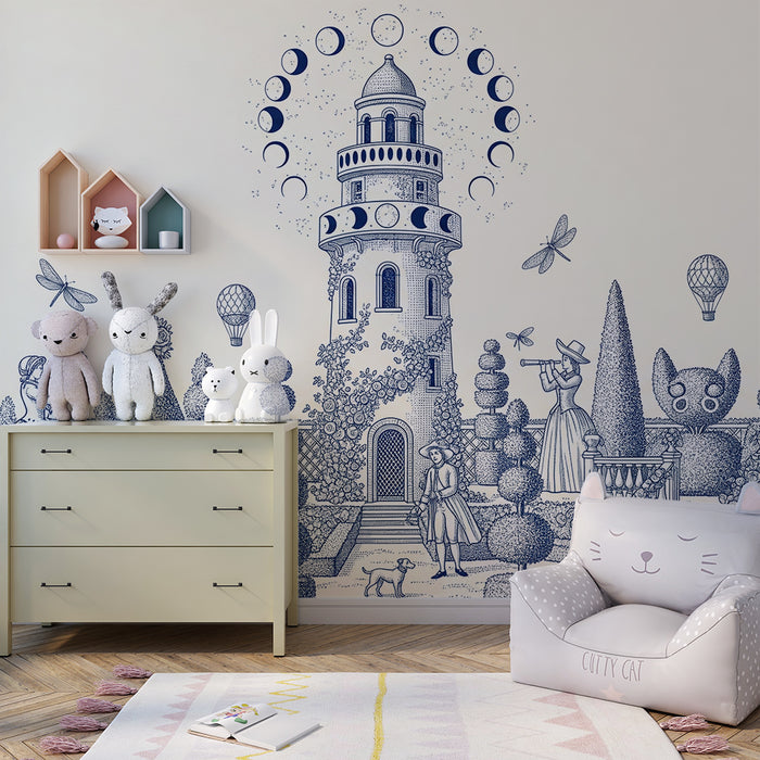 Papel de parede infantil | Castelo de conto de fadas com jardins encantadores e personagens fantásticos