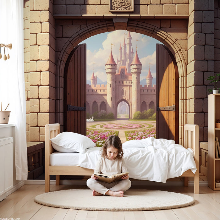 Carta da parati camera bambini | Castello incantato con giardini e cigni