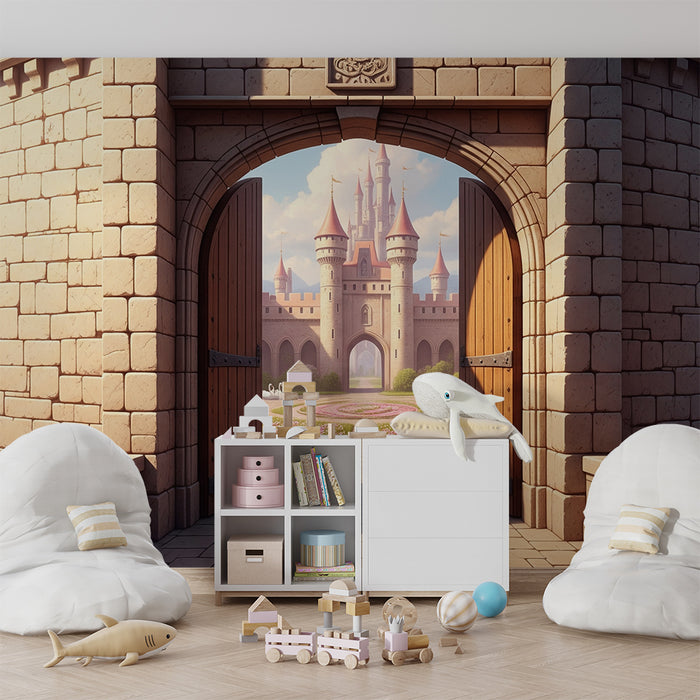 Carta da parati camera bambini | Castello incantato con giardini e cigni