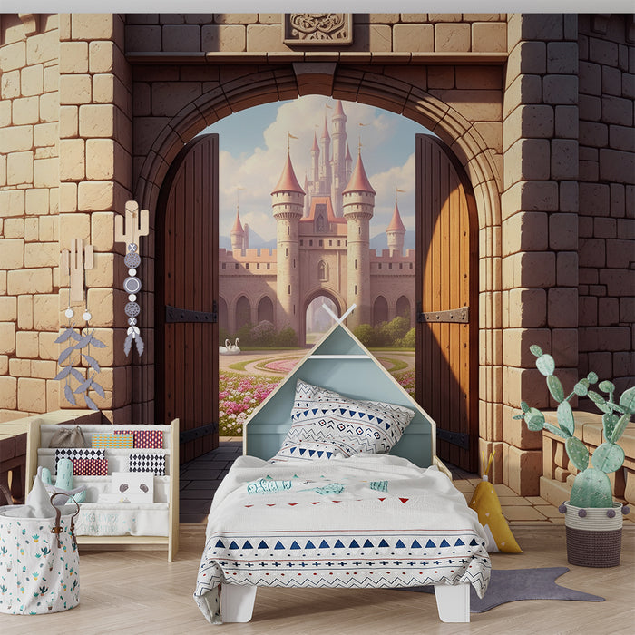 Carta da parati camera bambini | Castello incantato con giardini e cigni