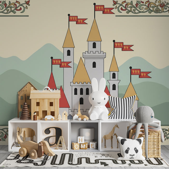Papel de parede criança | Castelo mágico com montanhas ao fundo