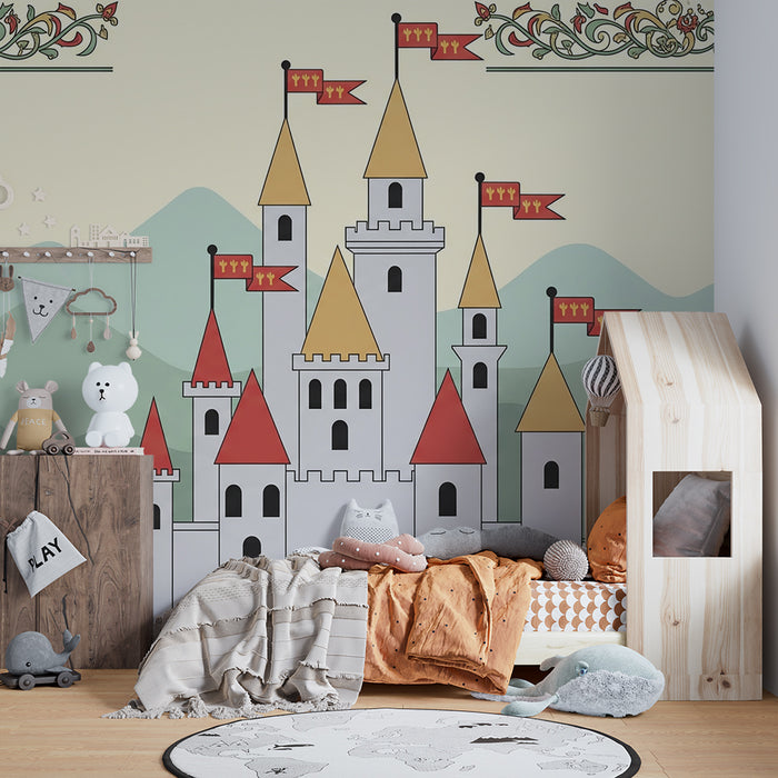 Papel de parede criança | Castelo mágico com montanhas ao fundo