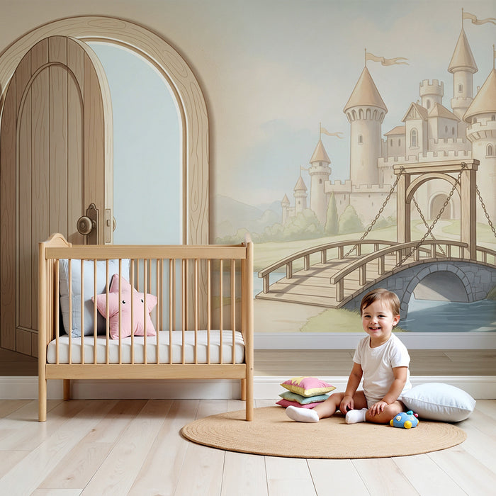 Papier peint chambre enfant | Château féerique avec pont et paysage enchanteur