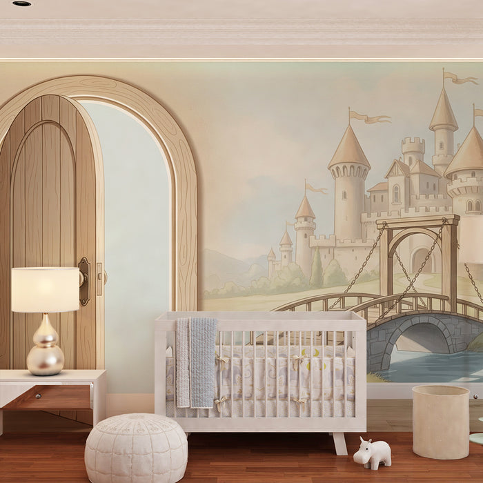 Papier peint chambre enfant | Château féerique avec pont et paysage enchanteur