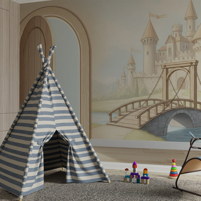 Papier peint chambre enfant | Château féerique avec pont et paysage enchanteur