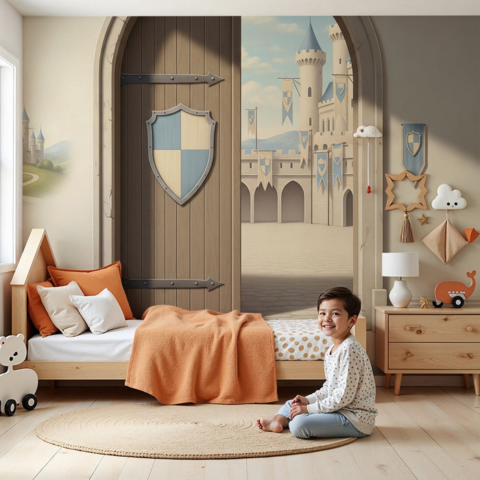 Carta da parati per cameretta dei bambini | Castello fatato con porte medievali e paesaggi incantati