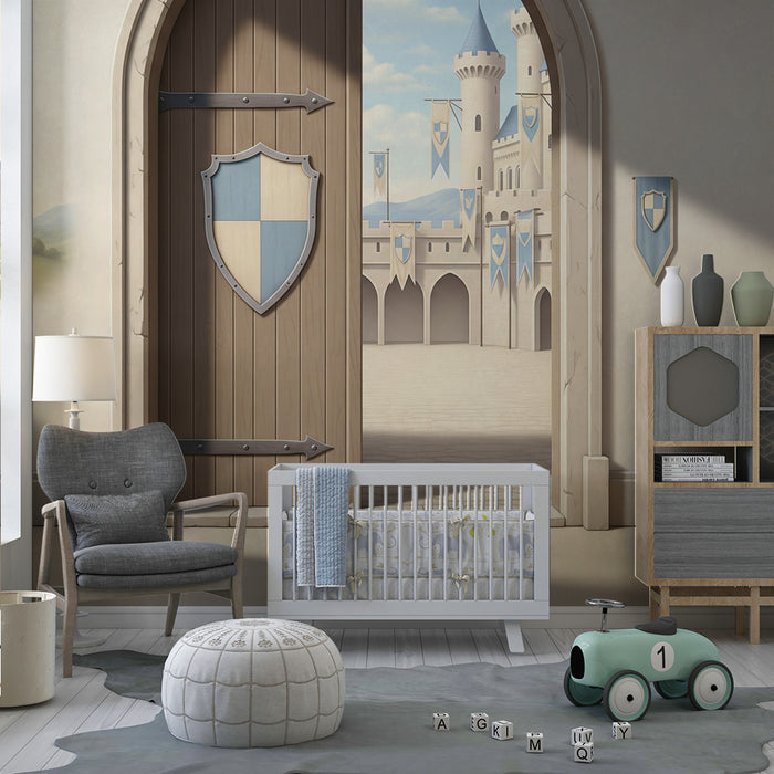 Carta da parati per cameretta dei bambini | Castello fatato con porte medievali e paesaggi incantati