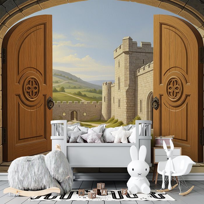 Carta da parati camera bambini | Castello fatato con porte aperte su un paesaggio incantevole
