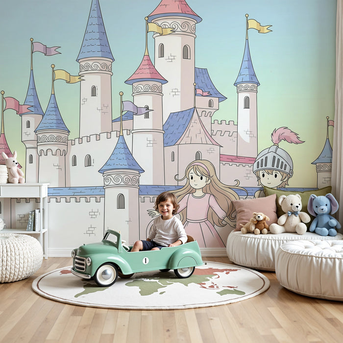 Papel pintado infantil | Castillo mágico con príncipe y princesa
