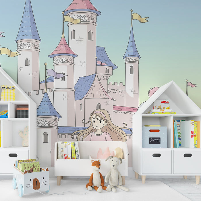 Papel pintado infantil | Castillo mágico con príncipe y princesa