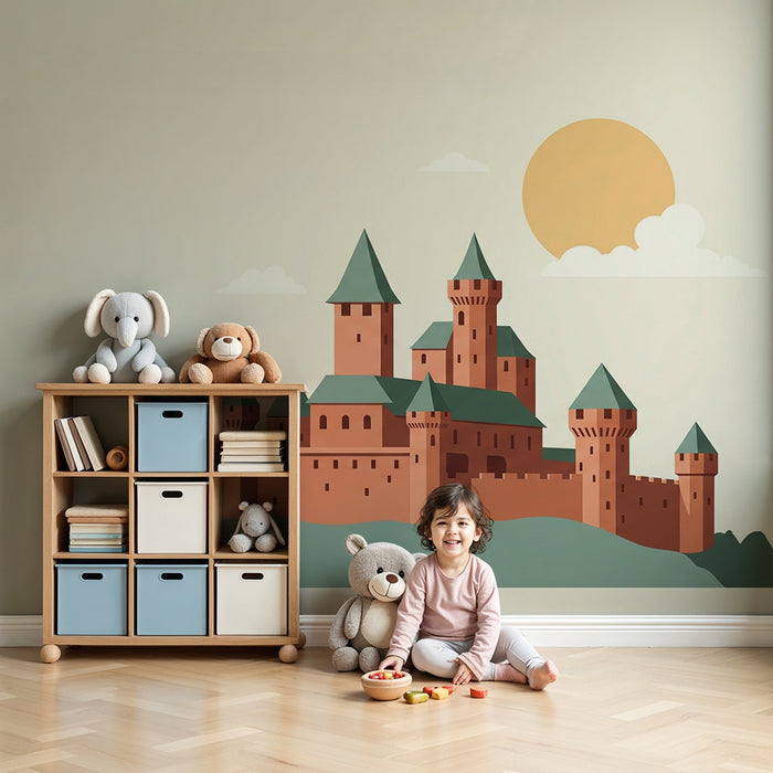 Papel de parede infantil | Castelo encantado com sol e nuvens