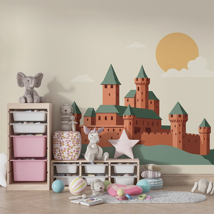 Papel de parede infantil | Castelo encantado com sol e nuvens