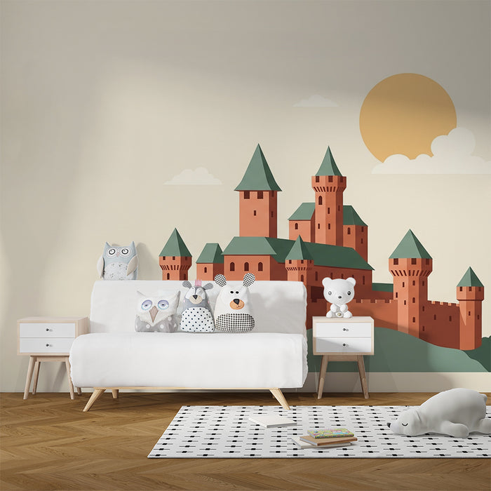Papel de parede infantil | Castelo encantado com sol e nuvens