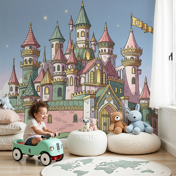 Kinderkamer behang | Feeënkasteel met kleurrijke torens en sterrenhemel