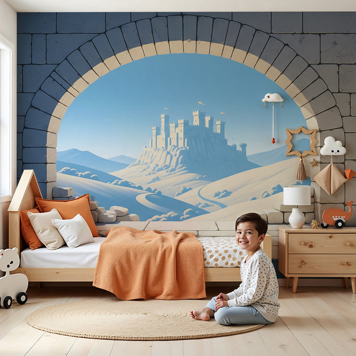 Papier peint chambre enfant | Château féerique avec vue sur des montagnes douces
