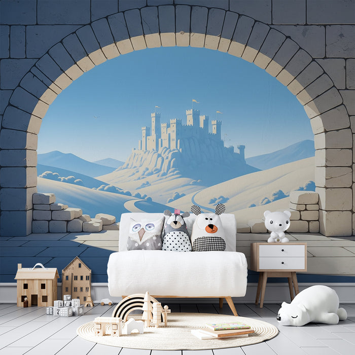Papier peint chambre enfant | Château féerique avec vue sur des montagnes douces