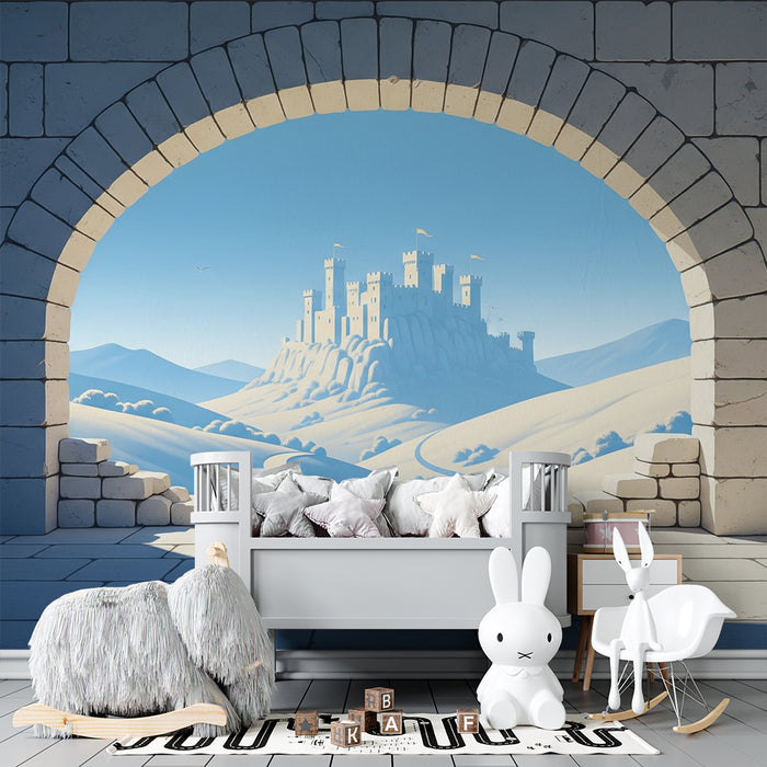 Papier peint chambre enfant | Château féerique avec vue sur des montagnes douces