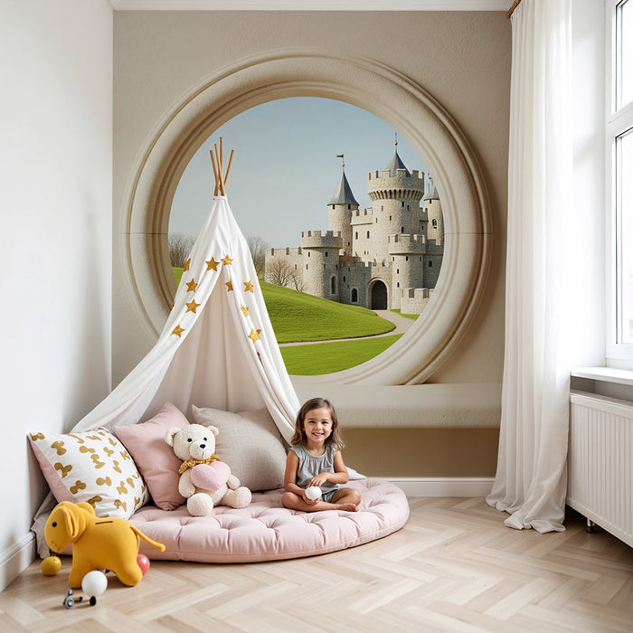 Papier peint chambre enfant | Château féerique avec vue sur la nature verdoyante