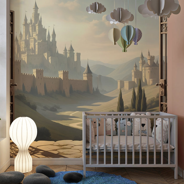 Tapete Kinderzimmer | Märchenschloss mit Talblick