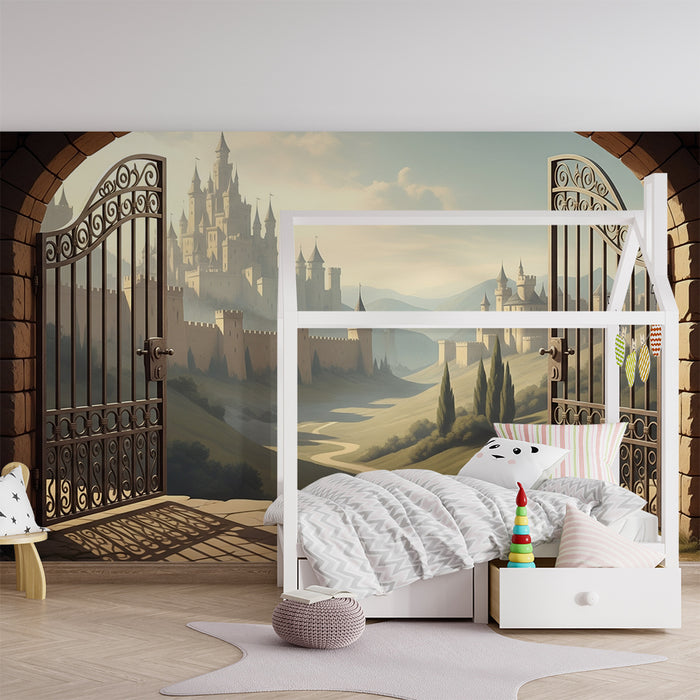 Tapete Kinderzimmer | Märchenschloss mit Talblick