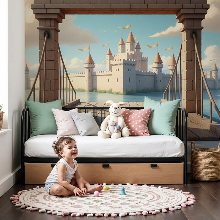 Papier peint chambre enfant | Château féerique avec vue sur le lac et montagnes