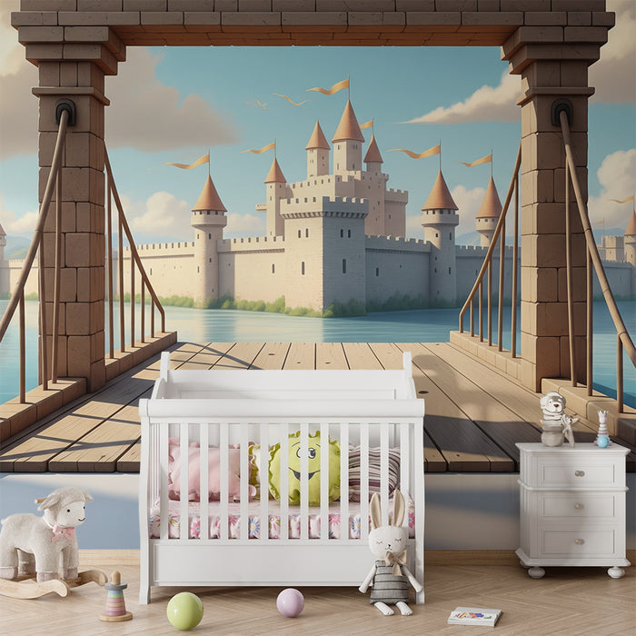 Papier peint chambre enfant | Château féerique avec vue sur le lac et montagnes