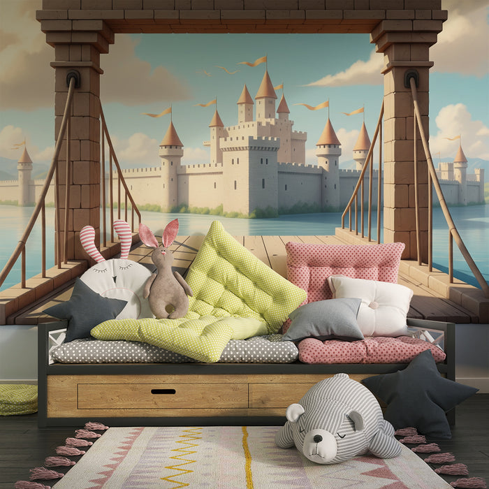 Papier peint chambre enfant | Château féerique avec vue sur le lac et montagnes