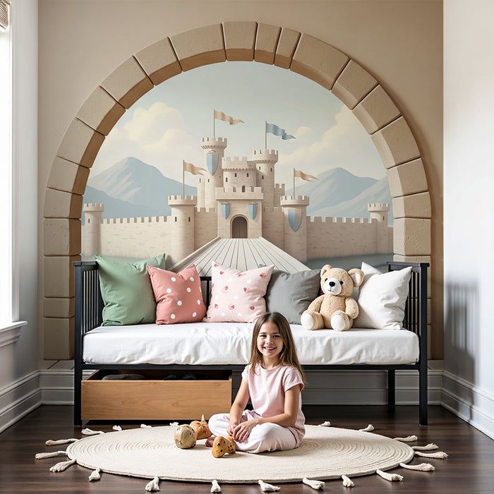 Papier peint chambre enfant | Château féerique avec vue sur les montagnes