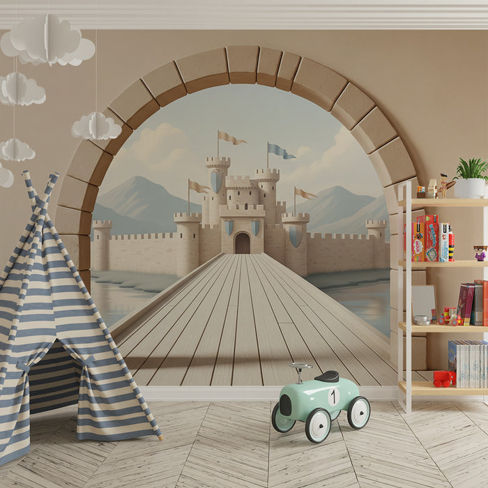 Papier peint chambre enfant | Château féerique avec vue sur les montagnes