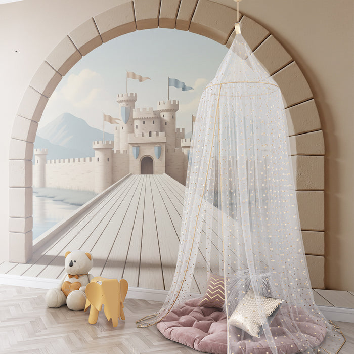 Papier peint chambre enfant | Château féerique avec vue sur les montagnes