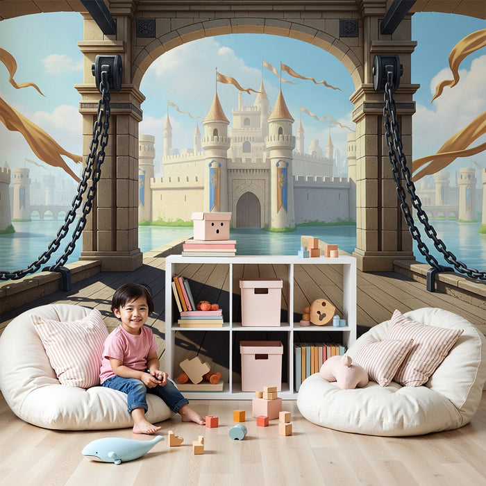 **Papier peint chambre enfant | Château féerique avec vue sur un lac scintillant**

**DE:** Kinderzimmer-Tapete | Märchenschloss mit Blick auf einen glitzernden See