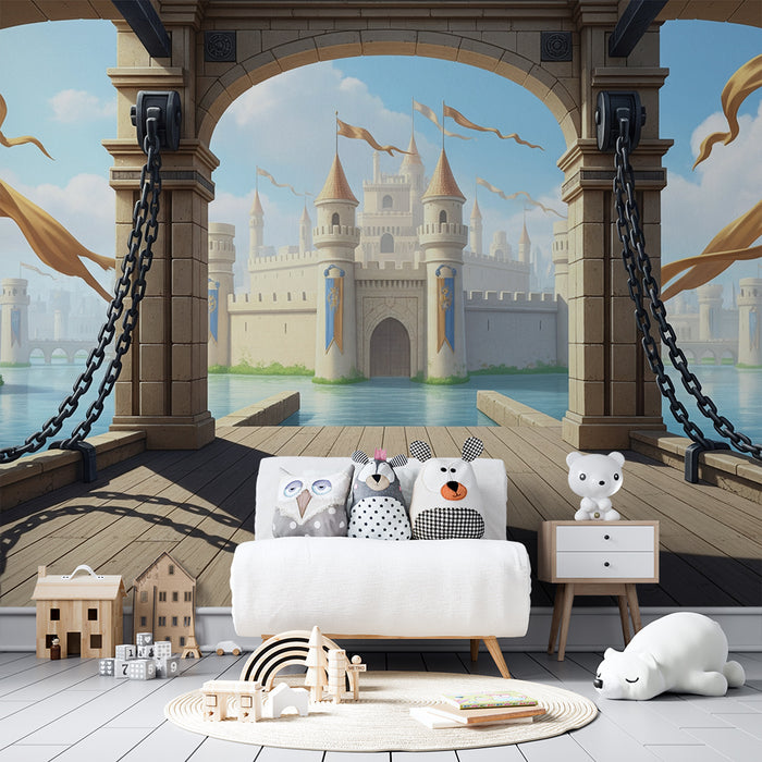 **Papier peint chambre enfant | Château féerique avec vue sur un lac scintillant**

**DE:** Kinderzimmer-Tapete | Märchenschloss mit Blick auf einen glitzernden See