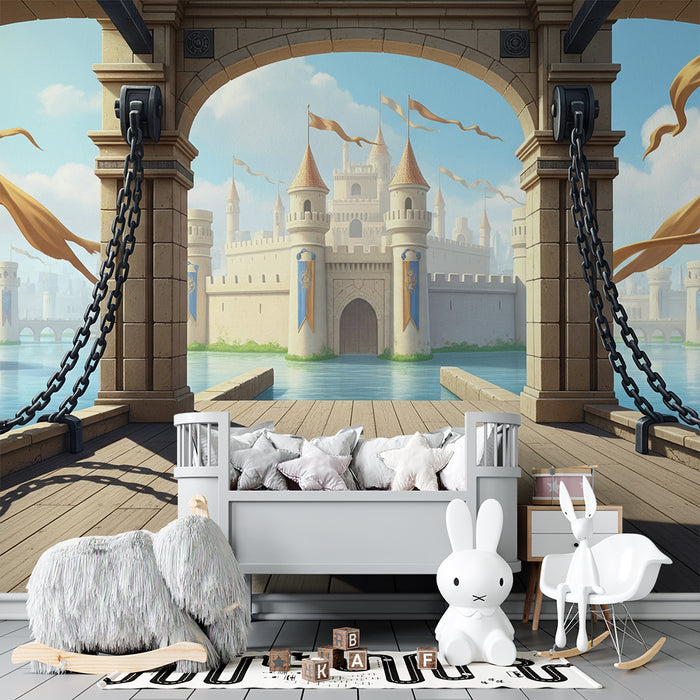 **Papier peint chambre enfant | Château féerique avec vue sur un lac scintillant**

**DE:** Kinderzimmer-Tapete | Märchenschloss mit Blick auf einen glitzernden See
