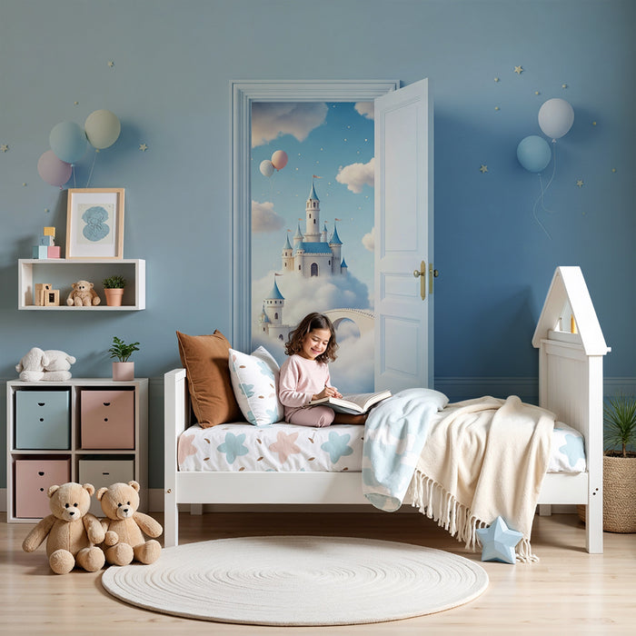 Papier peint chambre enfant | Château féerique dans les nuages avec ballons colorés