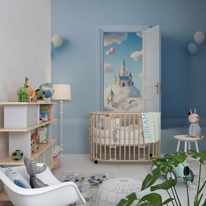 Papier peint chambre enfant | Château féerique dans les nuages avec ballons colorés