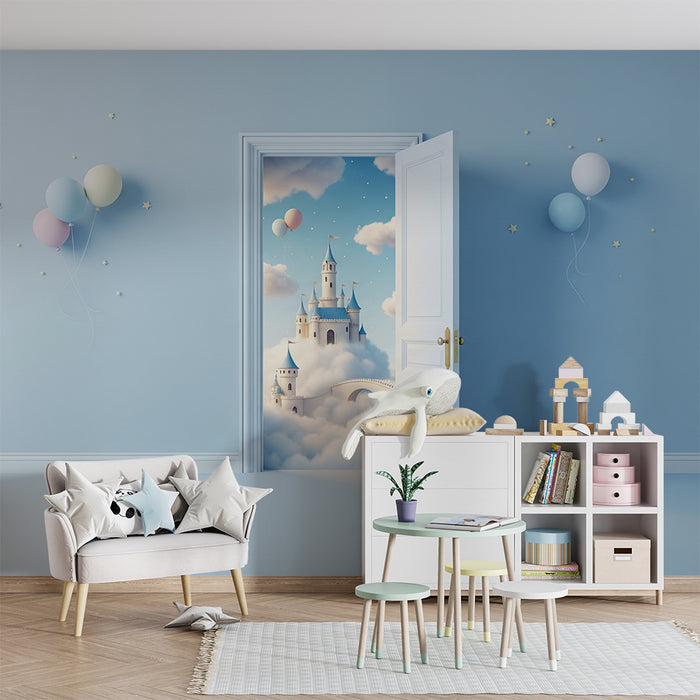 Papier peint chambre enfant | Château féerique dans les nuages avec ballons colorés