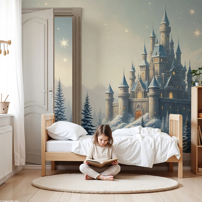 Papier peint chambre enfant | Château féerique dans un paysage hivernal