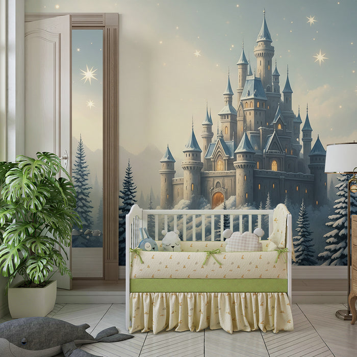 Papier peint chambre enfant | Château féerique dans un paysage hivernal