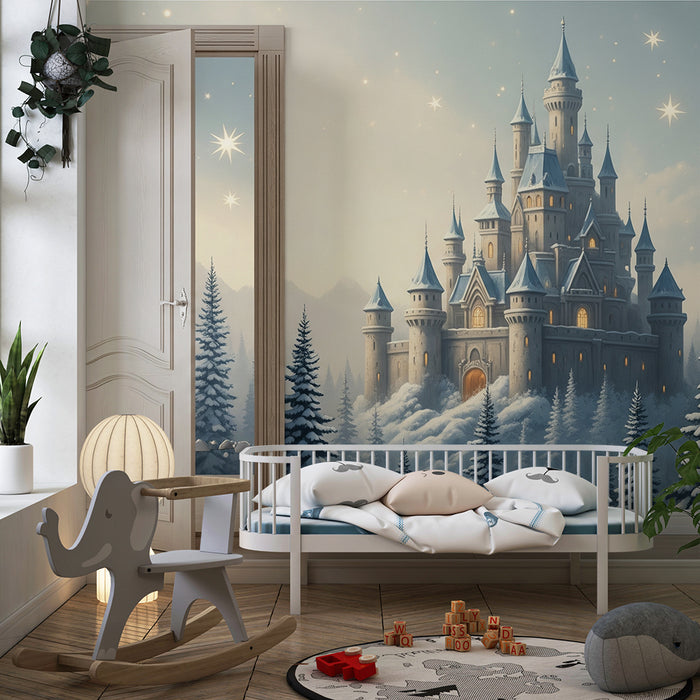 Papier peint chambre enfant | Château féerique dans un paysage hivernal